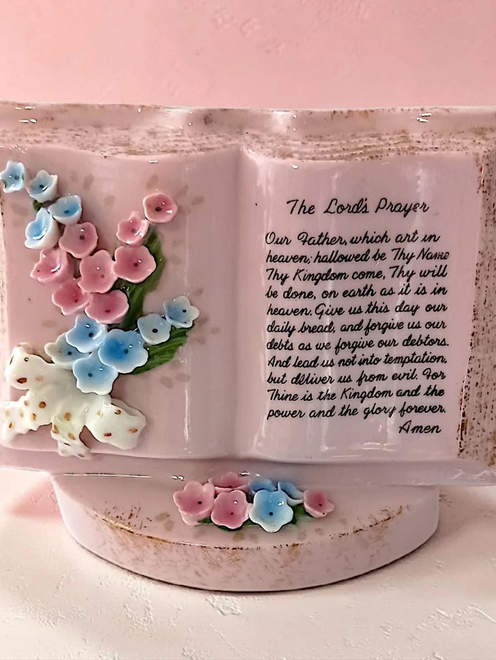 Norcrest Lords Prayer Planter Vase‎ Porcelain Hand Painted Pink Vtg Wall Pocket